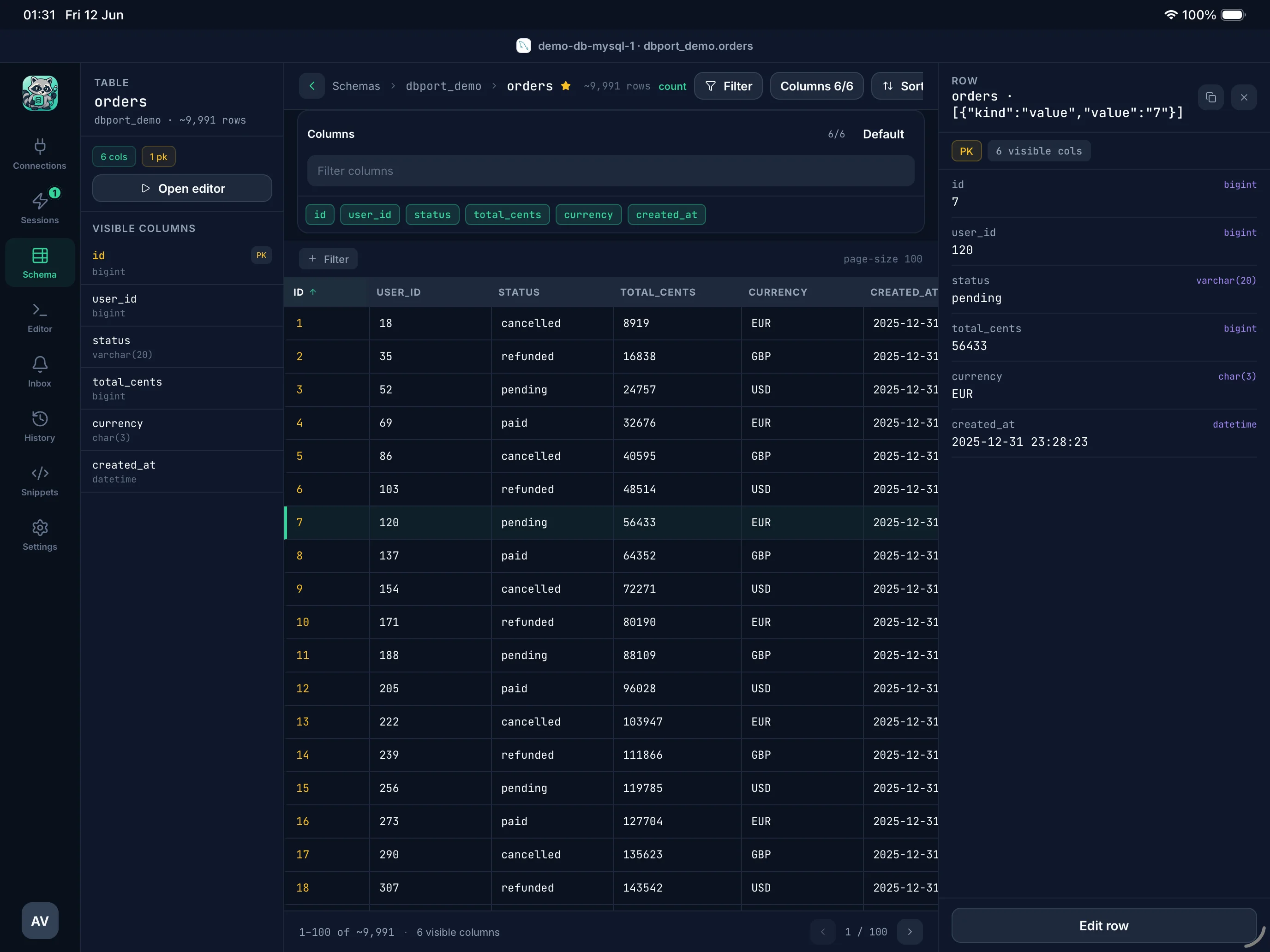 DBPort iPad table and schema workspace