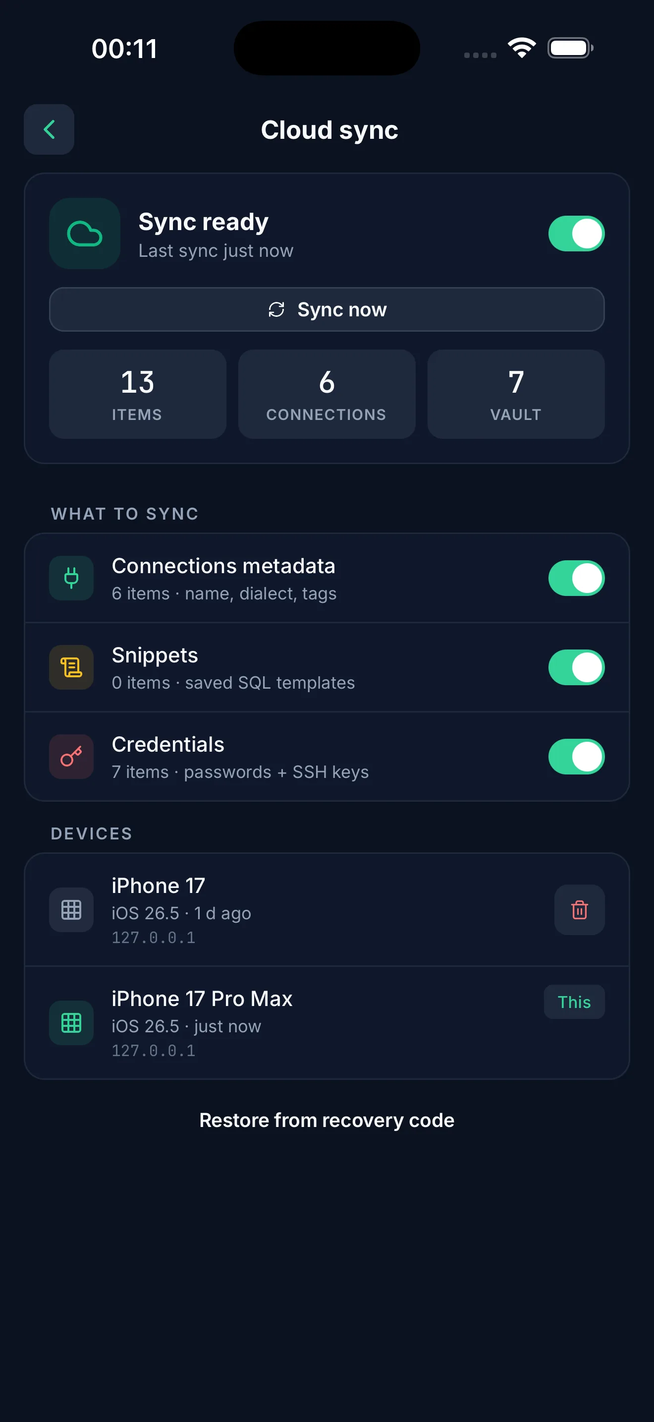 DBPort secure cloud sync settings